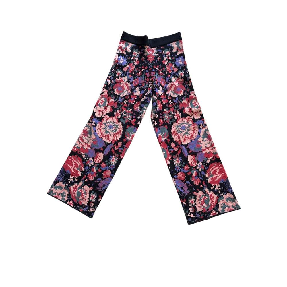 Zara Floral Jacquard Knit Wide Leg Pants M Black Pink Purple Whimsigoth Boho 70s
